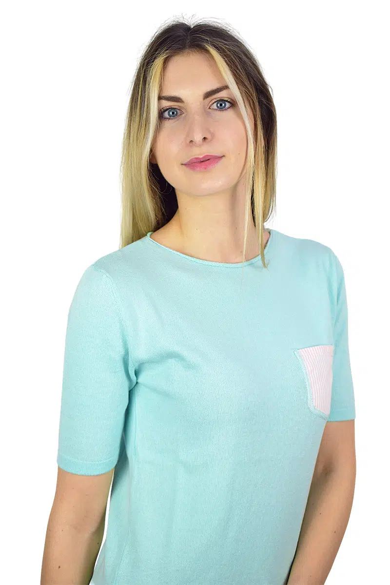 t-shirt tiffany con taschino rosa/bianco cotone bio da donna2