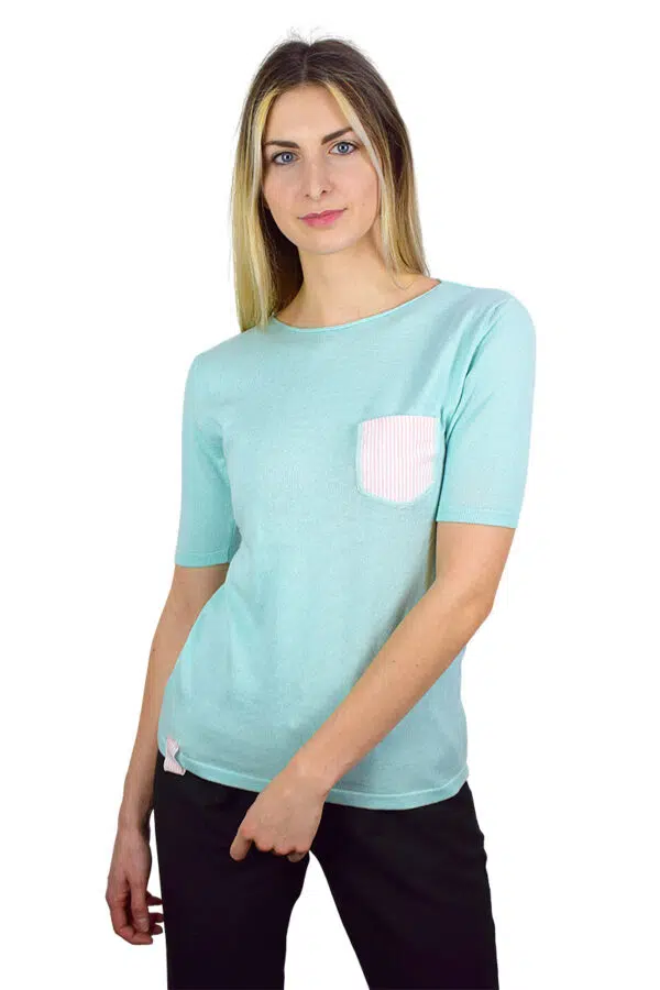 t-shirt tiffany con taschino rosa/bianco cotone bio da donna3